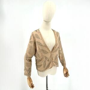 Greylin Nude Champagne Silver Bugle Bead Embellished Cocktail Jacket